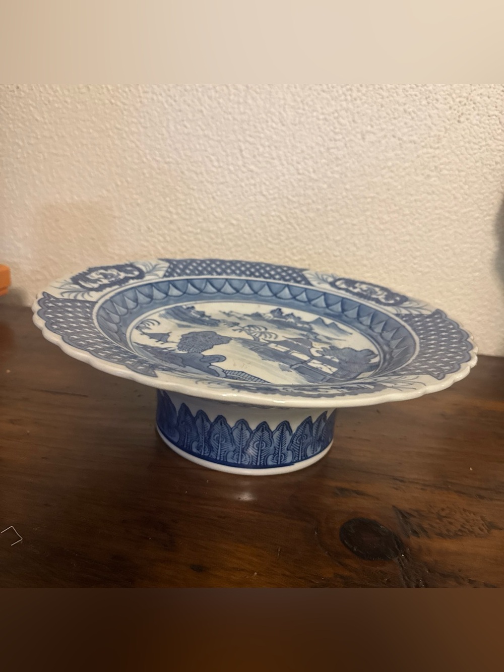 Blue and White Canton Tazza Or Compote Chinese Qing Dynasty Hand Painted